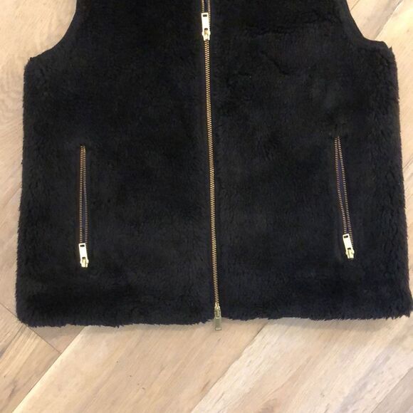 J. Crew Black Faux Fur Vest with Gold Zipper and Zip Pockets (S) - Picture 4 of 6